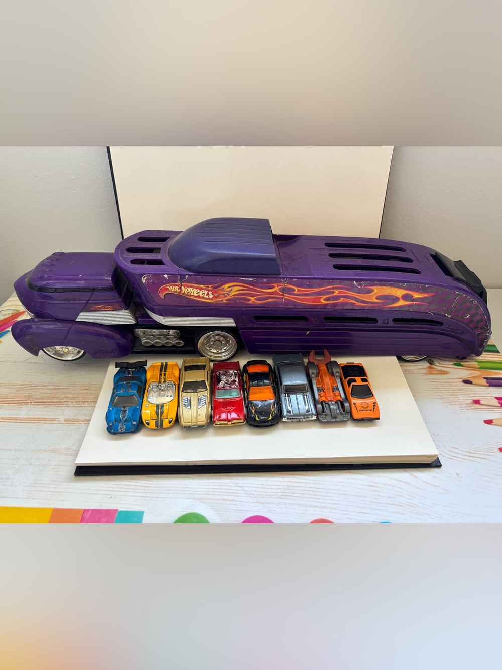 Hot wheels truck and car lot
